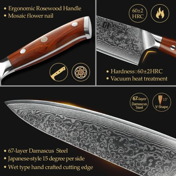 XINZUO 1PCS or 3PCS Kitchen Knife Sets Japanese Forged Damascus Steel Chef Santoku Knives Stainless Steel Rosewood Handle - Image 3