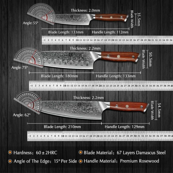 XINZUO 1PCS or 3PCS Kitchen Knife Sets Japanese Forged Damascus Steel Chef Santoku Knives Stainless Steel Rosewood Handle - Image 6